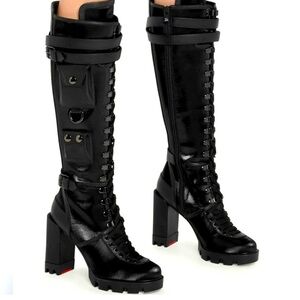 Christian Louboutin Black Heeled Boots with Chunky Heel and Lace-Up Design